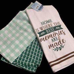 NWT 3 Piece Green Tone "HOME IS WHERE THE BEST MEMORIES ARE MADE" Kitchen Towels